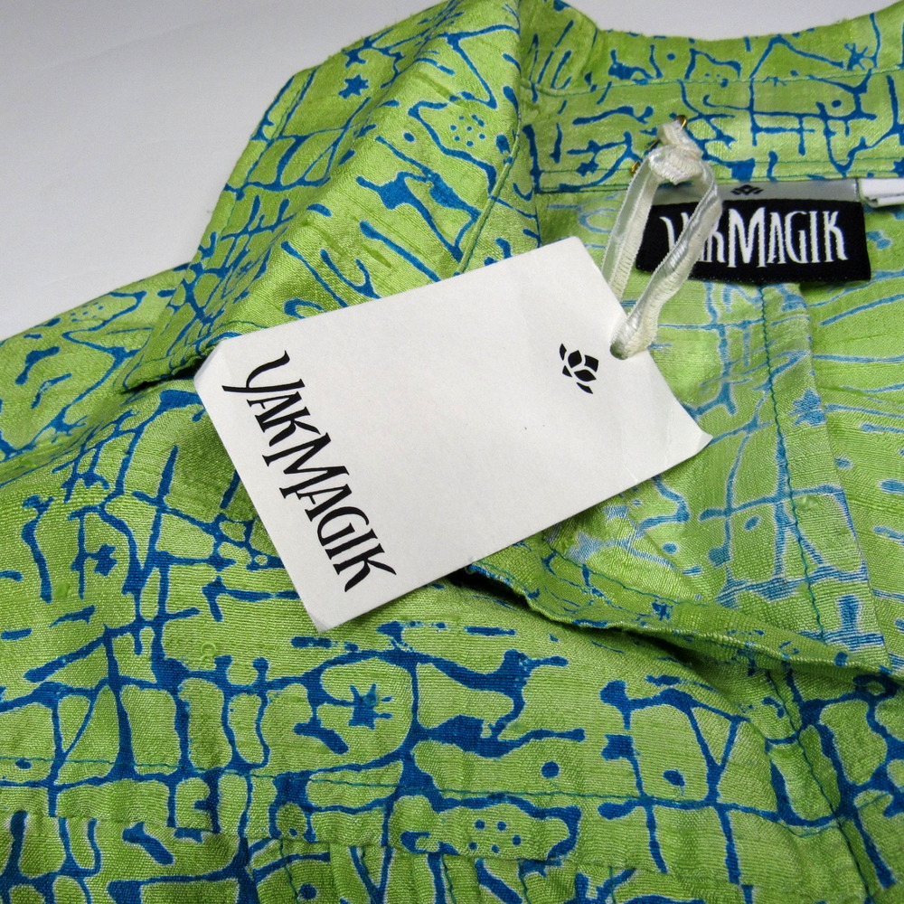 Yak Magik Womens Silk Shirt Medium Green Blue Vintage 90s Statement Eclectic Art - Picture 5 of 9